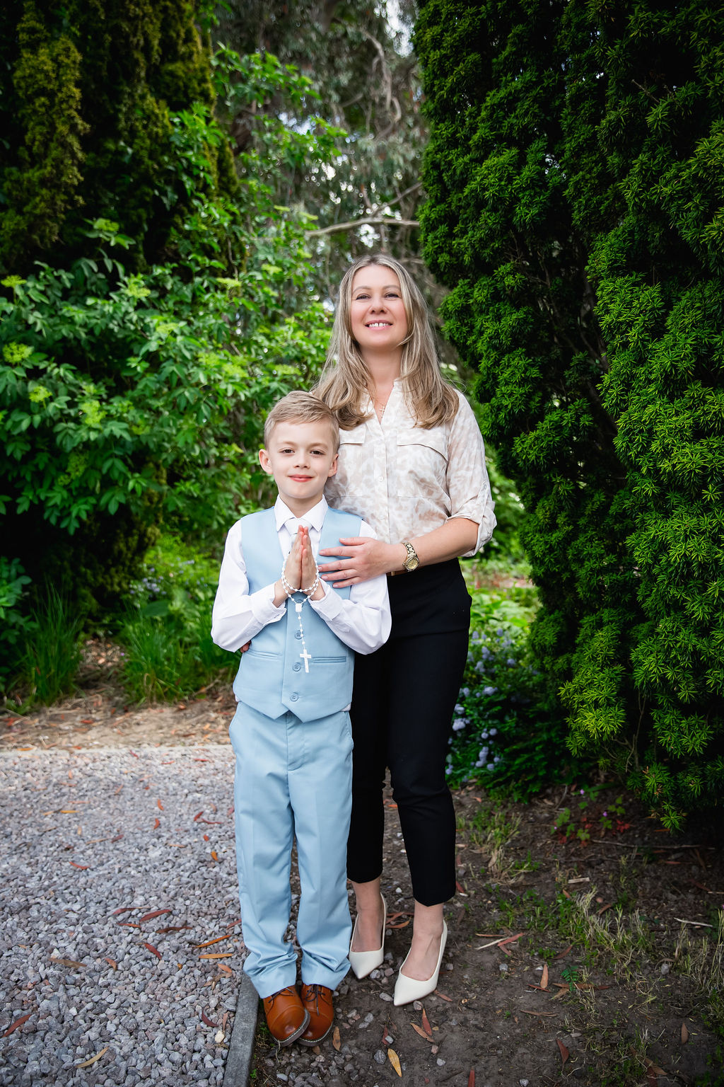 Mother and son walking outdoors